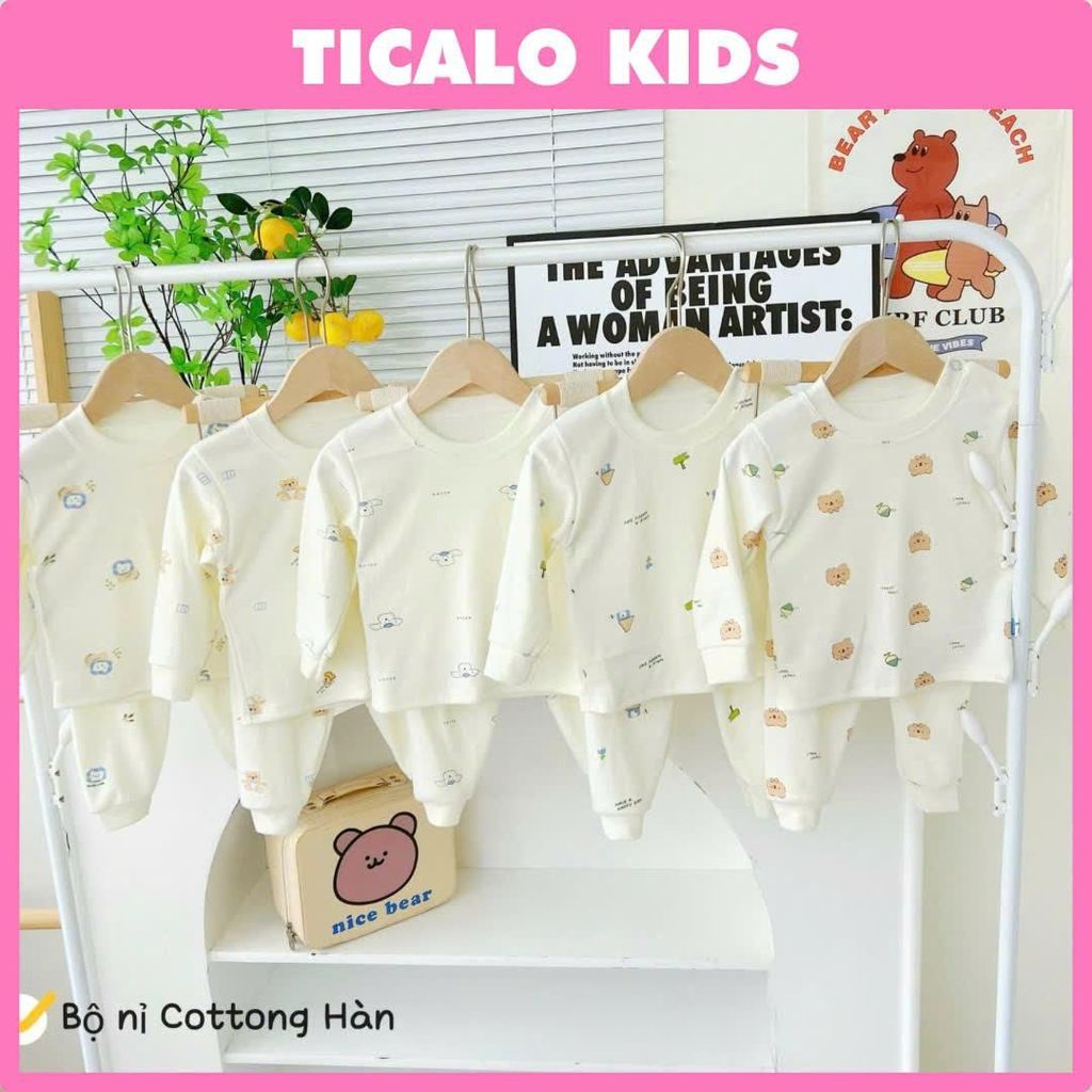 [MV KIDS ] Bộ Dài Tay Cài Vai Nền Kem - Chất Nỉ Hàn