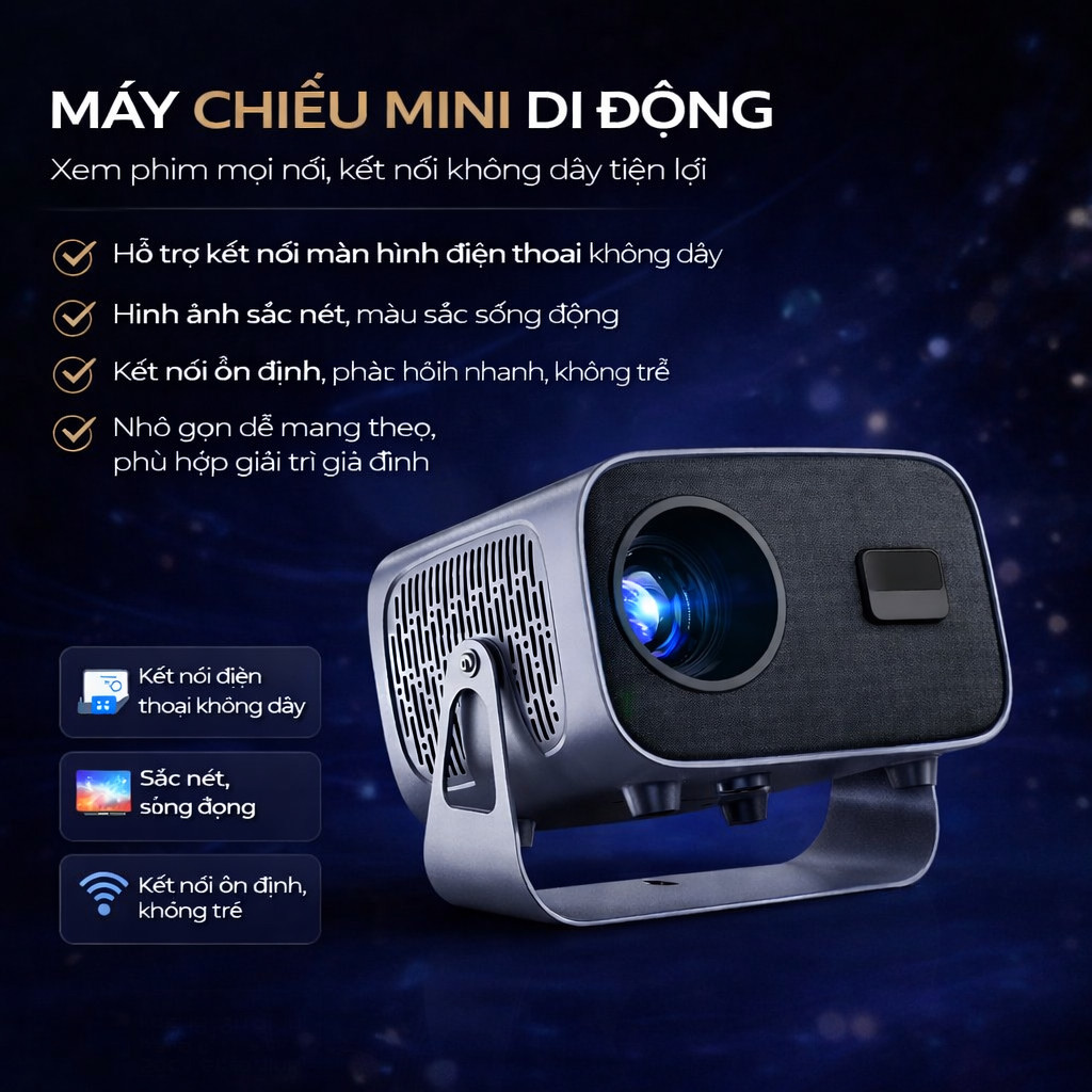Máy chiếu mini di động projector mini kết nối điện thoại không dây hỗ trợ Android iPhone xem phim tạ