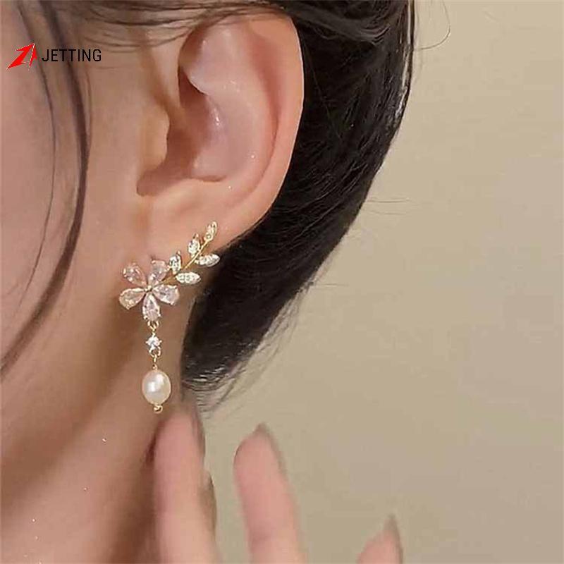JEWELLERY SET ZIRCON HOA VÀ NGỌC TRAI - Bộ trang sức chất lượng cao gồm bông tai hình hoa và mặt dây
