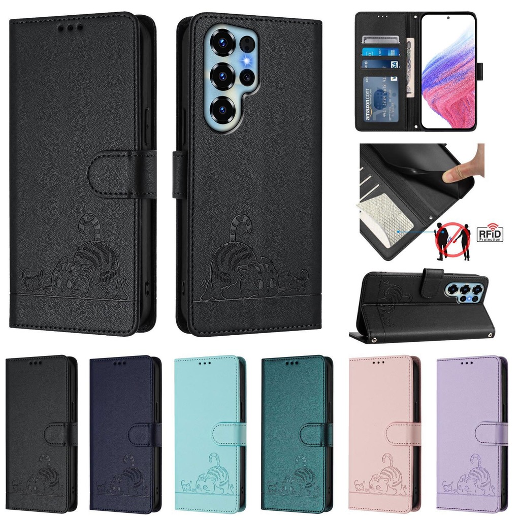 ZTE Nubia P7 P9 Pro V80 Max Focus 2 Air Z80 Ultra Calf Blade A76 RFID Chặn Họa Tiết Mèo Flip Case – 