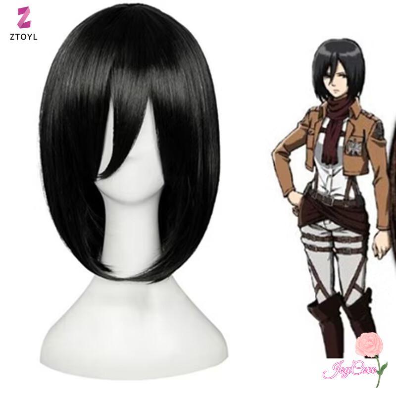 Mikasa Aerman 30cm Tóc Giả Ngắn Bob cosplay chịu nhiệt kèm mũ