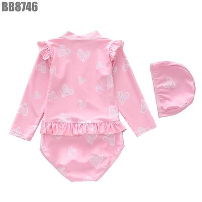 Đồ Bơi Liền Thân Dài Tay Bé Gái Họa Tiết Xinh Xắn Phối Bèo Kèm Mũ Chống Nắng MINTSCLOSET BB8746