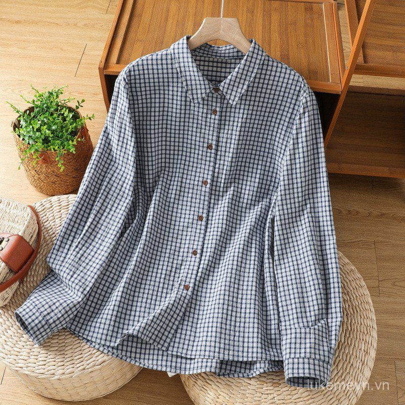 Blue White Plaid Turn-down Collar Long Sleeve Blouse Top Wanita Blue and white checkered long-sleeve
