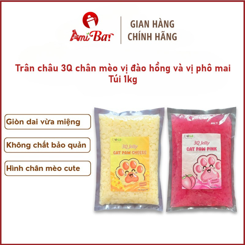 Thạch trân châu 3Q chân mèo Desa vị đào hồng, vị phô mai - 1kg trang trí siêu đáng yêu, tiện lợi