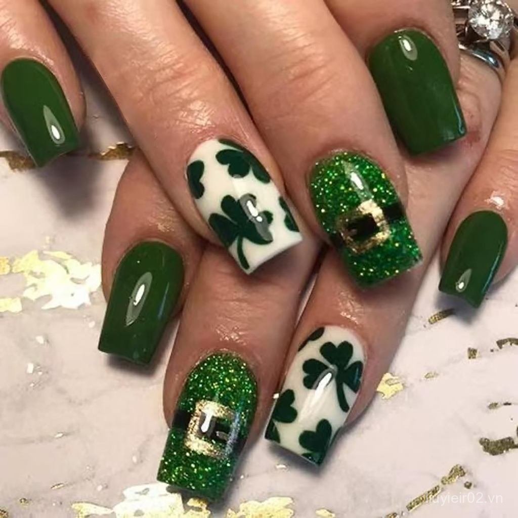 Thánh Patrick 's Day Nails Press On Nails Medium Square Green Fake Nails Shamrock Móng tay giả với t