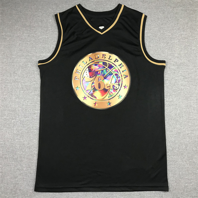 Áo bóng rổ Irvin · Iverson phiên bản kim cương, màu đen và vàng họa tiết số 76, chất liệu khô nhanh