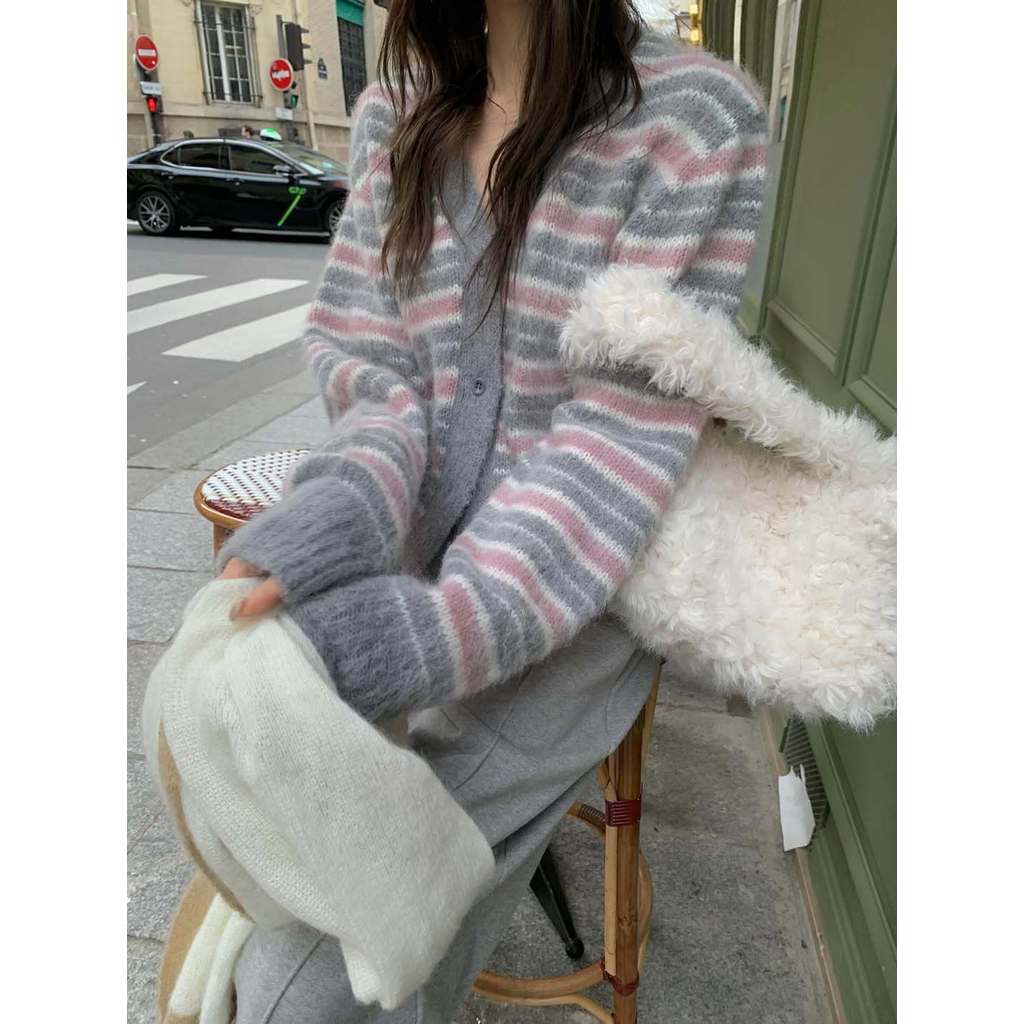 Áo khoác áo len sọc hai màu Huohuo