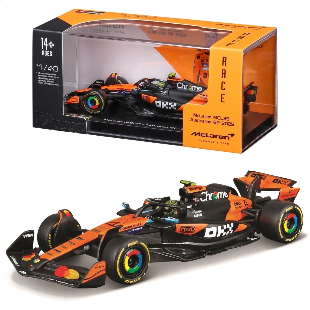 Bburago 1: 43 Race Formula McLaren MCL39 w / Mũ bảo hiểm (2025) Norris #4