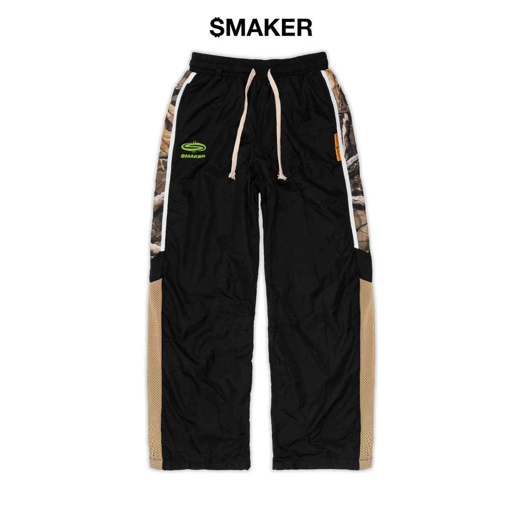 [SMAKER] Quần dài màu đen 100% vải nylon nhăn điểm nhấn hoạ tiết lính camo - LEAF CAMO TRACK PANTS I
