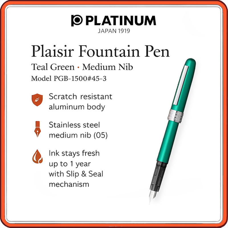 Platinum Plaisir Fountain Pen Teal Green Medium Nib PGB-1500#45-3 Aluminum Body Slip & Seal Ink Syst