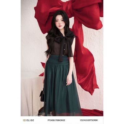 Áo sơ mi tơ đen cổ lệch nơ cổ thiết kế Elise ES2410189TSORBK