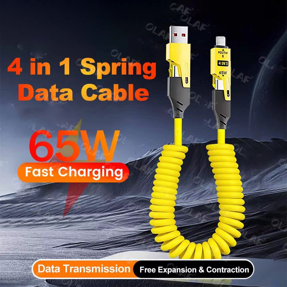 Elough 65W 4-in-1 Spring Telescopic Data Cable PD 27W USB C Fast Charging Mobile Phone Cable