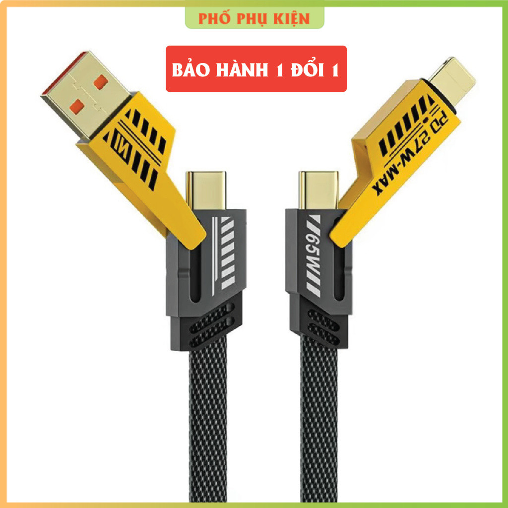 Cáp sạc 4in1, Dây sạc nhanh tối đa 65W - Dây dù, đầu cáp kim loại, chống gẫy - Dây sạc 4 in 1