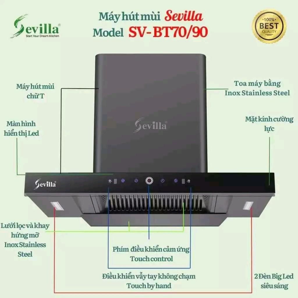 Máy Hút Mùi Cao Cấp Dạng Chữ T Thương Hiệu Sevilla SV BT70. Động Cơ Lõi Đồng. Điều Khiển Cảm Ứng Vẫy