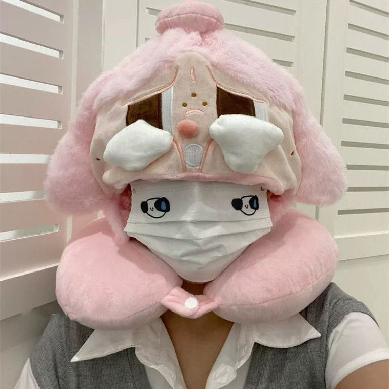 JUA Cute u Cartoon crying baby shaped pillow with hood, portable neck support pillow for airplane na