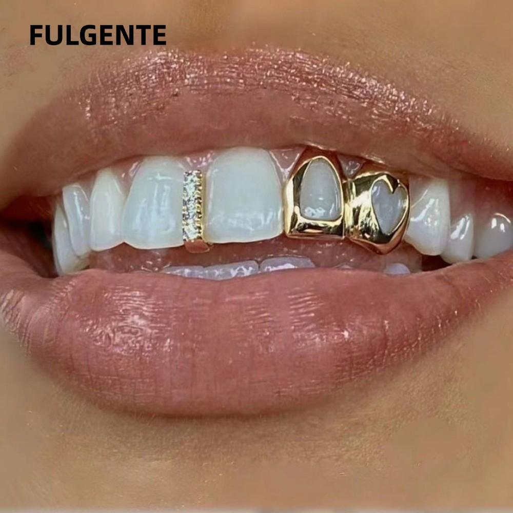 FULGENTE Hip Hop Răng Grillz, Trái Tim Rỗng Màu Vàng Grillz, Đôi Trái Tim Đồng Sáng Bóng Răng Mũ Tra