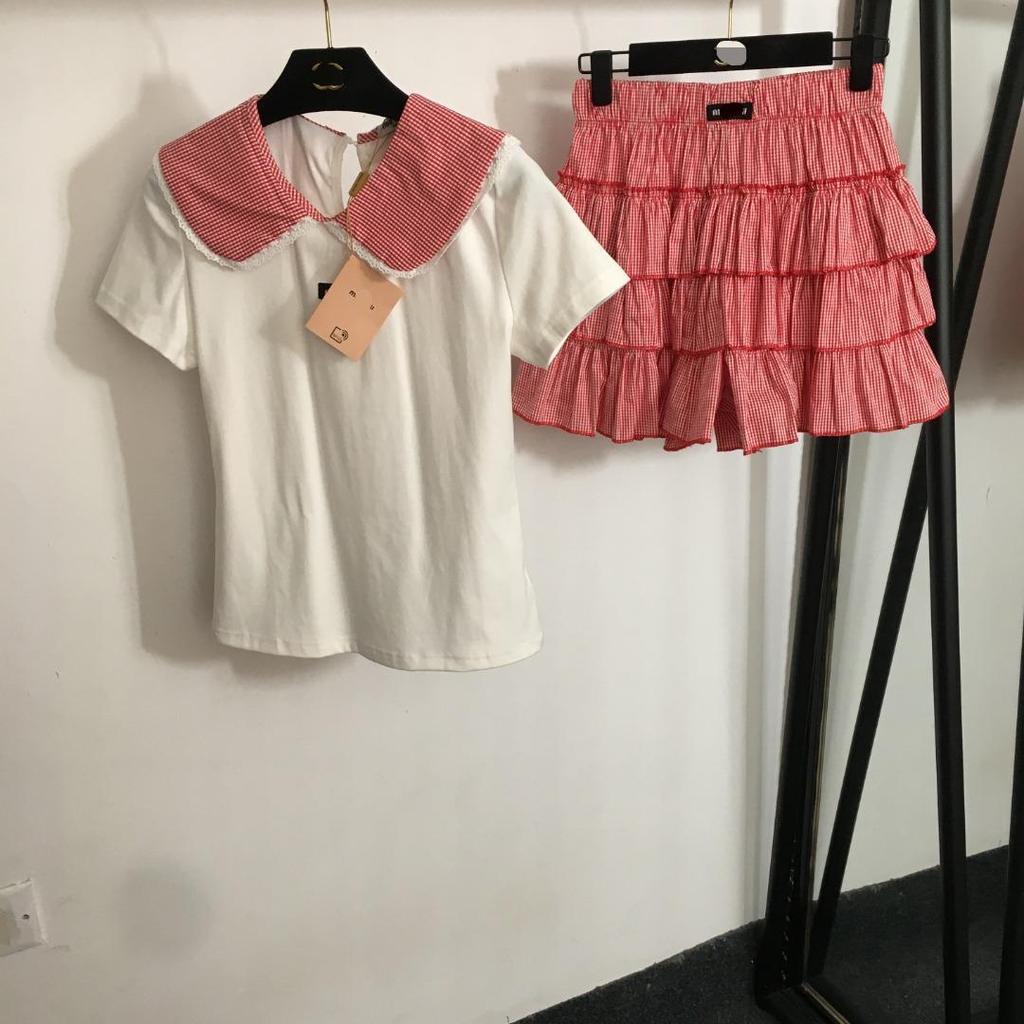 Mi**iu 2025New style label logo Lace Peter Pan collar short sleeve T Shirt, top, plaid shorts, skirt