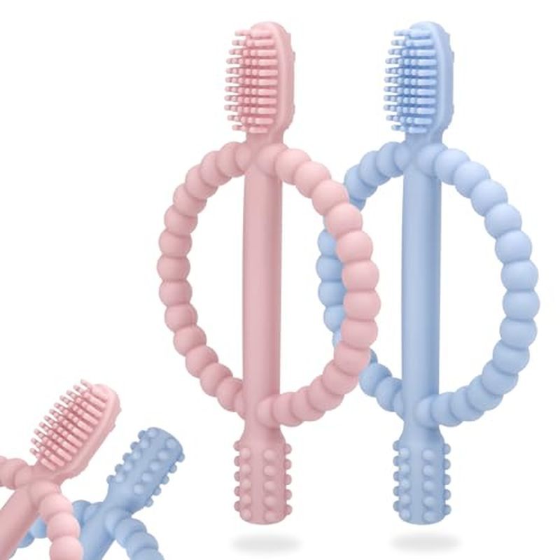 Baby Teething Toys with Easy-Hold Handle, Silicone Infant Toothbrush, Textured On Both Sides Helps M