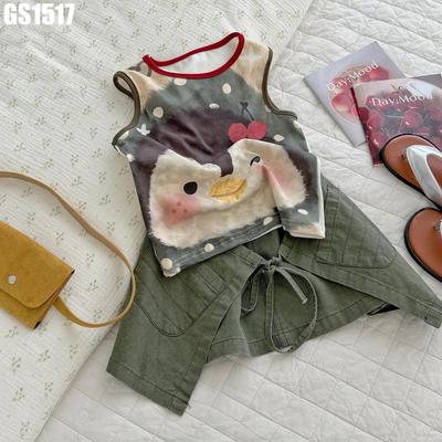 Set Bé Gái Áo Thun Sát Nách In Hình Chim Cánh Cụt Phối Chân Váy Quần Đắp Vạt Chéo MINTSCLOSET GS1517