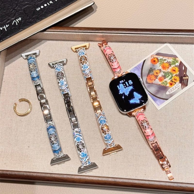 Vòng đeo tay Huawei phù hợp Huawei Fit34 Fit4pro Flash Diamond Flower Blue White Porcelain Bracelet 