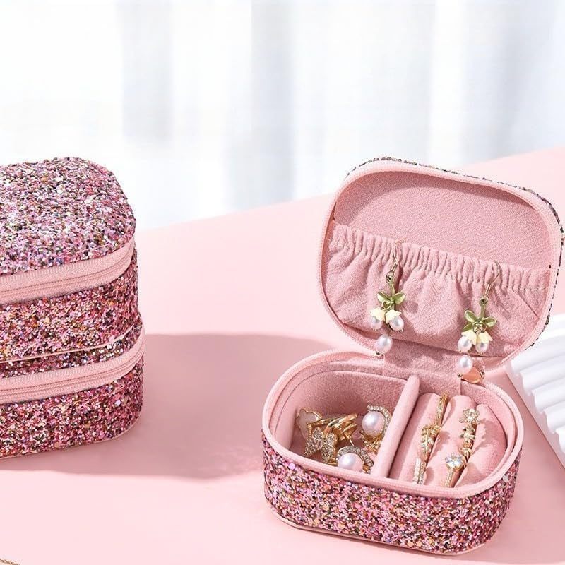 Jinglong Glitter and Sequin Mini Jewelry Box, Portable and Compact, Large Capacity Jewelry Storage B