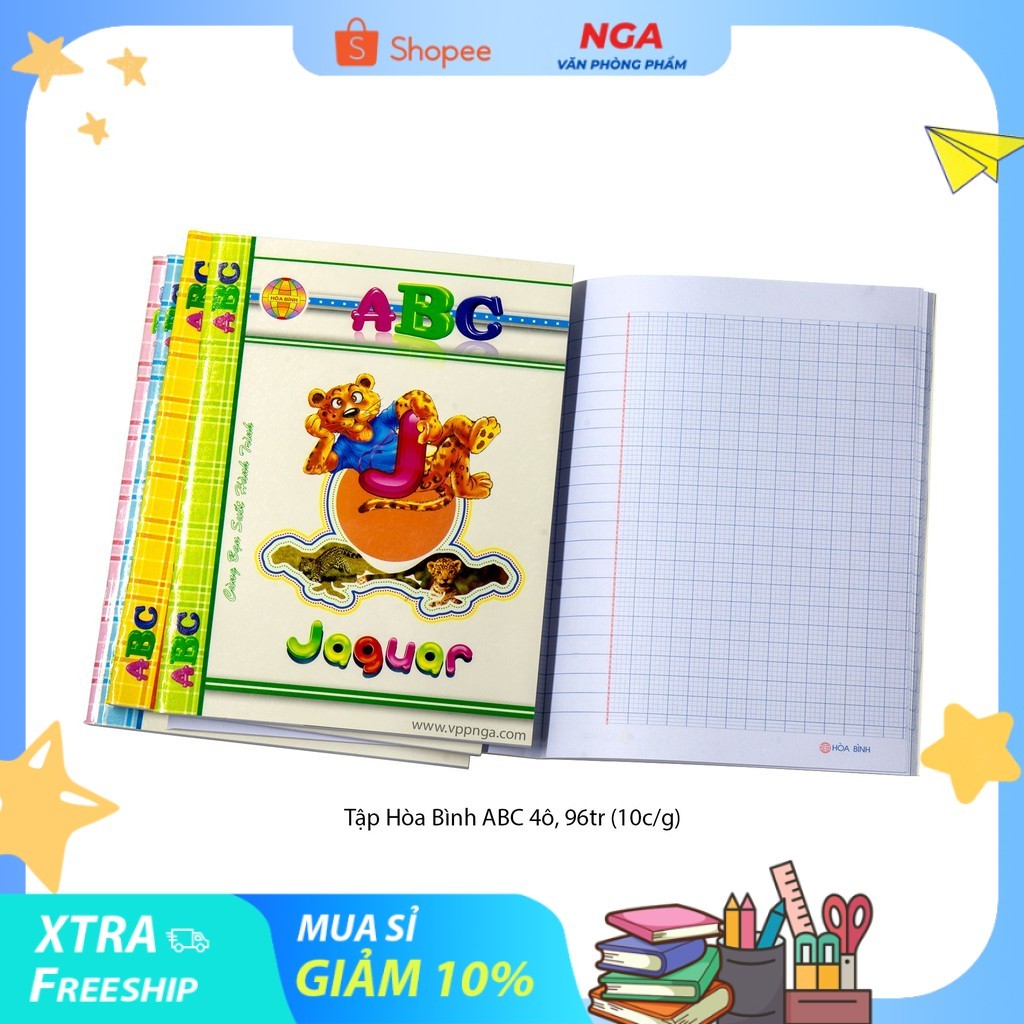 Tập vở học sinh, 4 ô ly 96 trang, Hòa Bình ABC (10 cuốn/lốc)