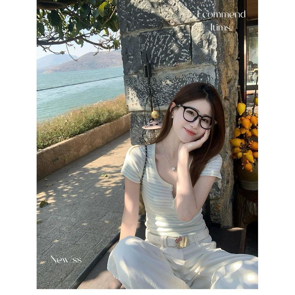 [BiGirls] Áo Thun Nữ Ngắn Tay, Cổ Trụ Tròn, Sọc kẻ ngang phối màu xanh dương, chất 92% cotton +8% Spandex  B013 | BigBuy360 - bigbuy360.vn