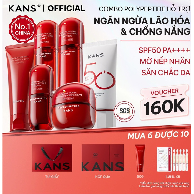 KANS Combo 6 món Dưỡng Da Chống Lão Hóa Kem Chống Nắng - Sữa Rửa Mặt - Toner - Lotion - Serum - Kem 