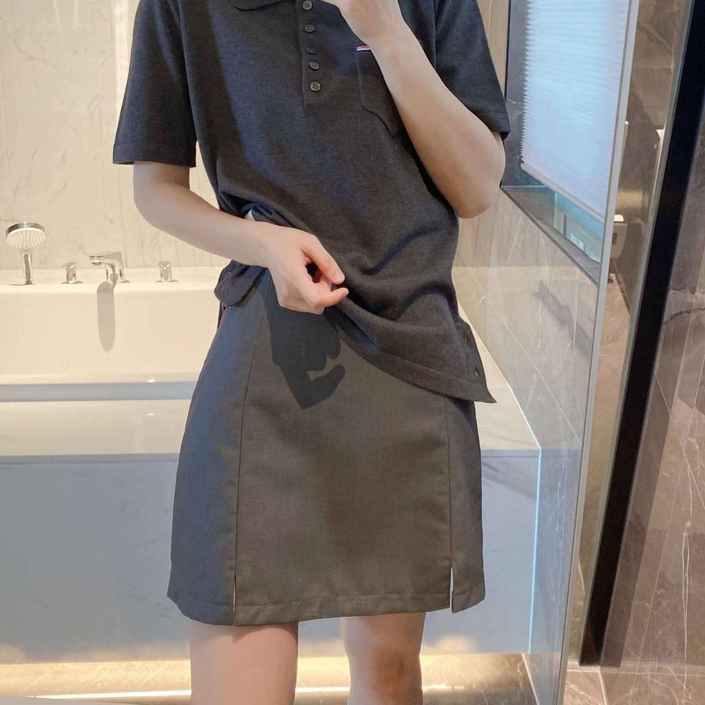 A6IE Thom Browne Gray slit suit skirt for women, summer high-waisted bodycon style a Short skirt, ha