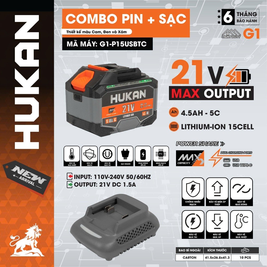 Pin 15 Cell Hukan G1-P15USBTC (4.5Ah) – Tích hợp cổng USB & Type-C, Kèm Sạc