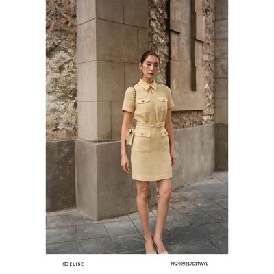Đầm tweed vàng túi ngực đai eo thiết kế Elise FF2409217DITWYL