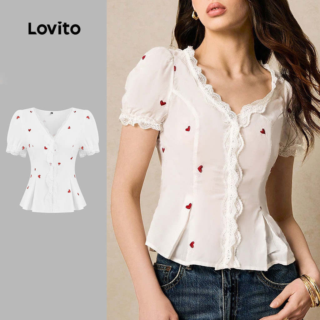Lovito  Áo sơ mi trắng mùa xuân/hè cài nút ren cho nữ L171ED115