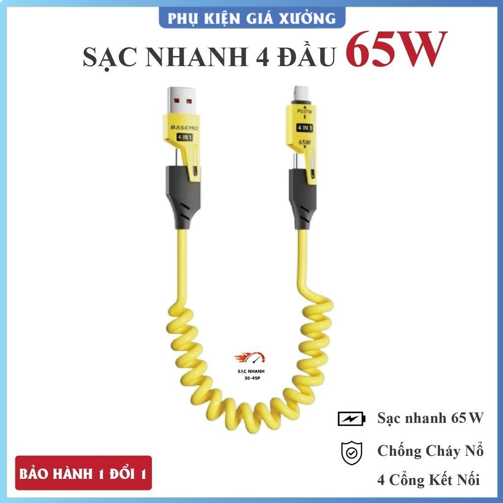 Cáp sạc nhanh 4 đầu - 65W. Cáp sạc 4in1 dây dù đầu cáp kim loại, chống gẫy. Cáp sạc lò xo Dây sạc 4i