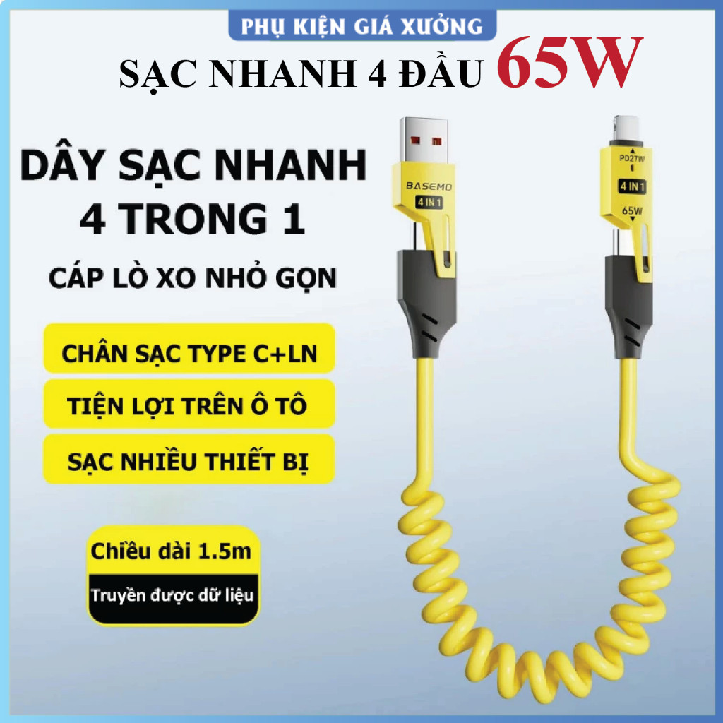 Cáp sạc 4 in 1, Cáp sạc nhanh 65W. Đầu cáp kim loại, chống gẫy - Dây sạc 4 trong 1, Dây sạc 3in1.
