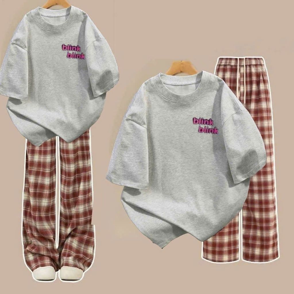 Bộ quần kẻ caro đỏ dài + và áo phông chữ BLINK BLINK - thoitrangthubio