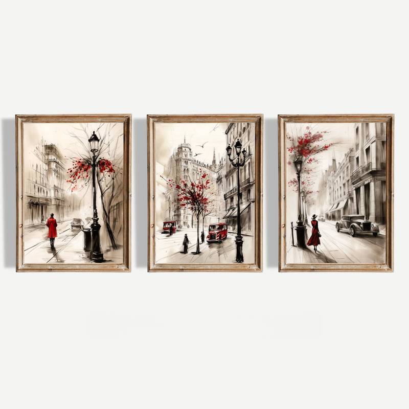 Paris Street Sketch Canvas Wall Art Red Accent Decor