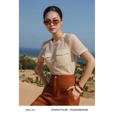 Áo ren lưới HT be nâu túi ốp thiết kế Elise mã FF2505057TSLABE