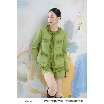 Áo khoác tweed xanh cốm đính dây xích thiết kế Elise FW2507271TVTWGE