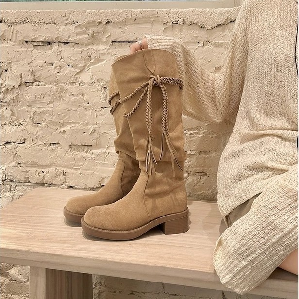 Cowhide Version~Su Yin Yin's Egyptian Boots~Tassel chunky heel mid-high long boots, western cowboy b