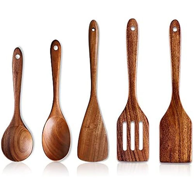 5 Pcs Best Wooden Spoons for Cooking Kitchen Utensils Set Acacia Wood Cooking Spatula Turner Non Tox