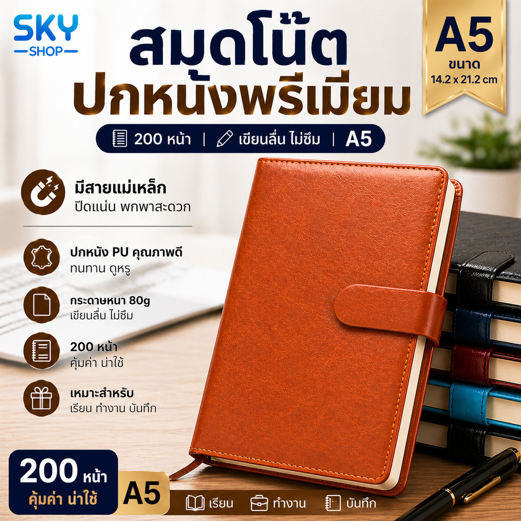 SKY Notebook A5 Bao Da 200 Trang Nhật Ký Có Dây Đeo Từ Tính Viết Giấy Dày
