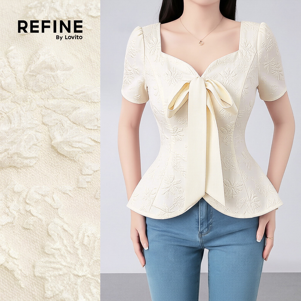 (Refine by Lovito) Áo sơ mi trắng mùa xuân/hè sang trọng với nơ dệt jacquard LR35E036