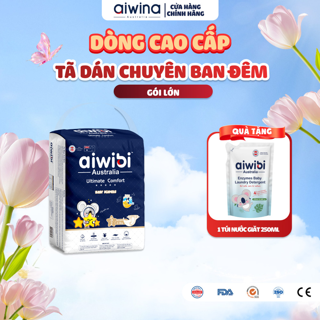 Tã/Bỉm Dán Cao Cấp Aiwibi Chuyên Ban Đêm Ultimate Comfort - Gói Lớn S/M/L