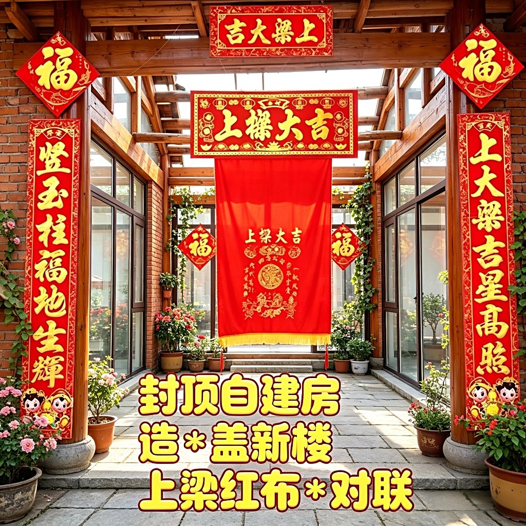 Tòa Nhà Nông Thôn Phòng Mới Trên Liang Daji Vải Lụa Đỏ Lớn Liang Câu Đối Che Nhà Xây Dựng Mái Thắt N