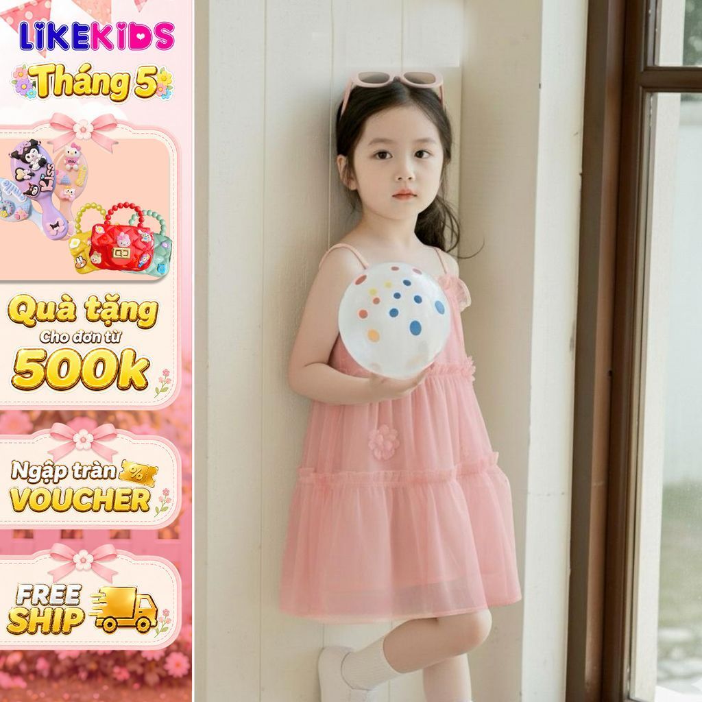 Đầm công chúa bé gái 2 dây xoè tầng chất voan mềm, phối nơ BÈO HOA cute MH1 D29  – LikeKids