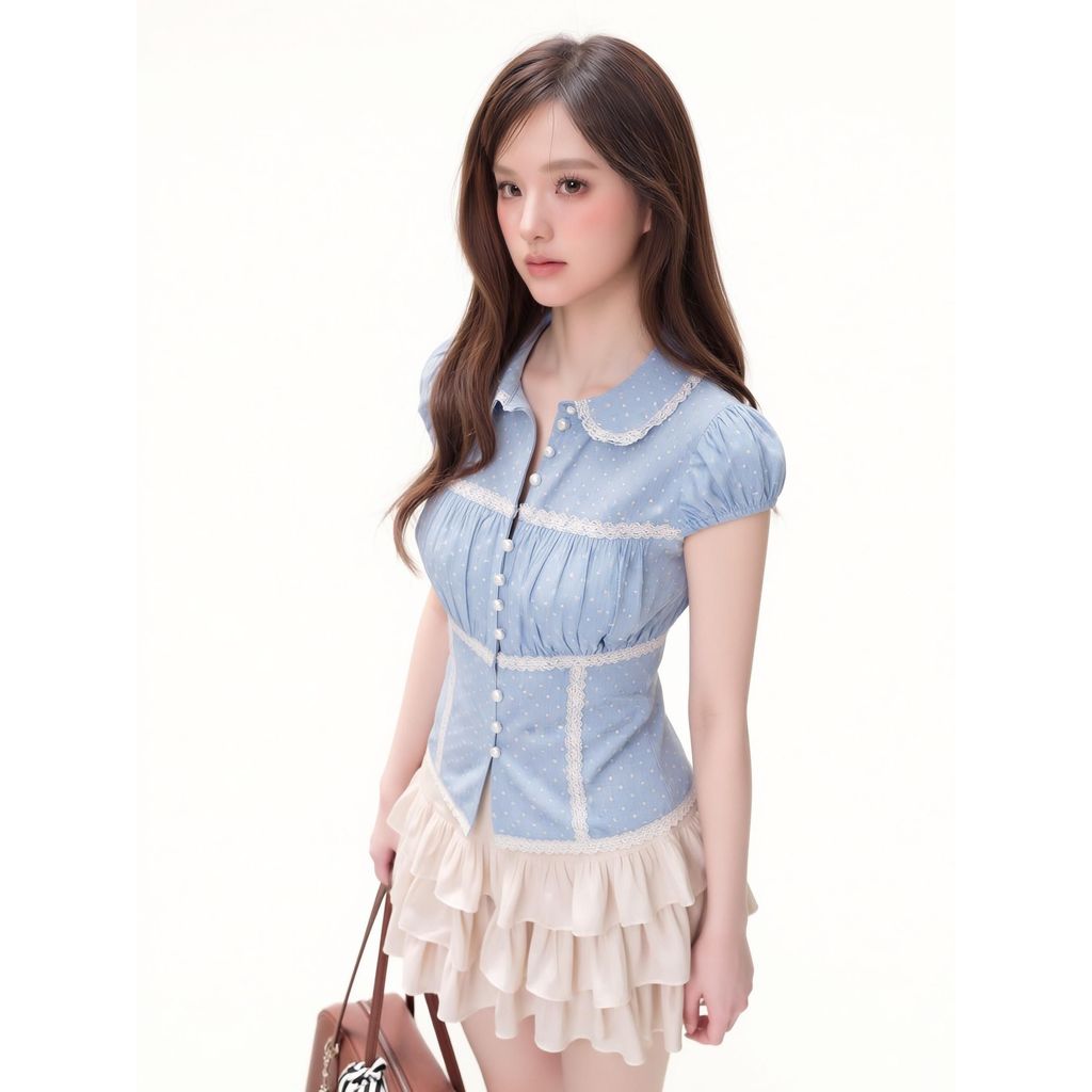THELSTUDIOS – Blue Polka Top | Áo sơ mi thiết kế tay phồng nữ tính | BigBuy360 - bigbuy360.vn