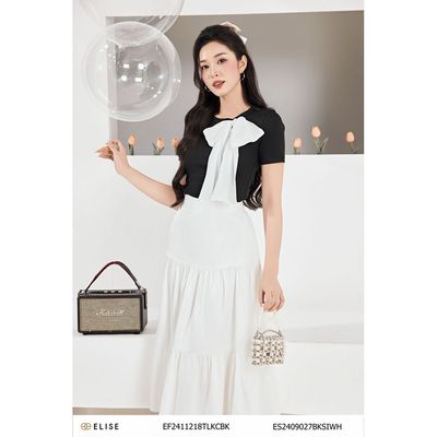 Áo thun ngắn tay đính nơ cổ thiết kế Elise EF2411218TLKCBK