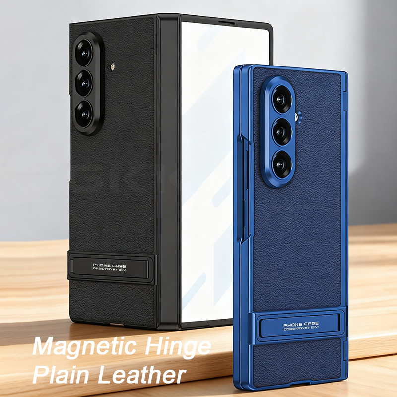 LUSHUO Sang Trọng Da Trơn Đứng Dành Cho Galaxy Z Fold 7 Bản Lề Màn Hình Phía Trước Kính Cứng Bao Da 
