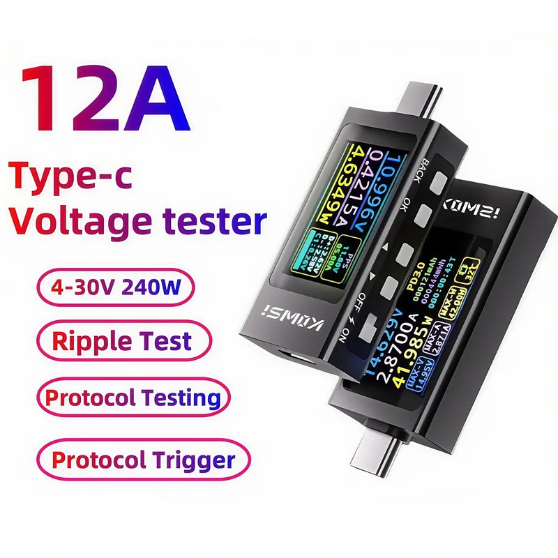 KWS-X1 DC 3.3-36V 0-12A Vôn kế kỹ thuật số HD IPS Display Type C Máy kiểm tra phát hiện điện áp và đ
