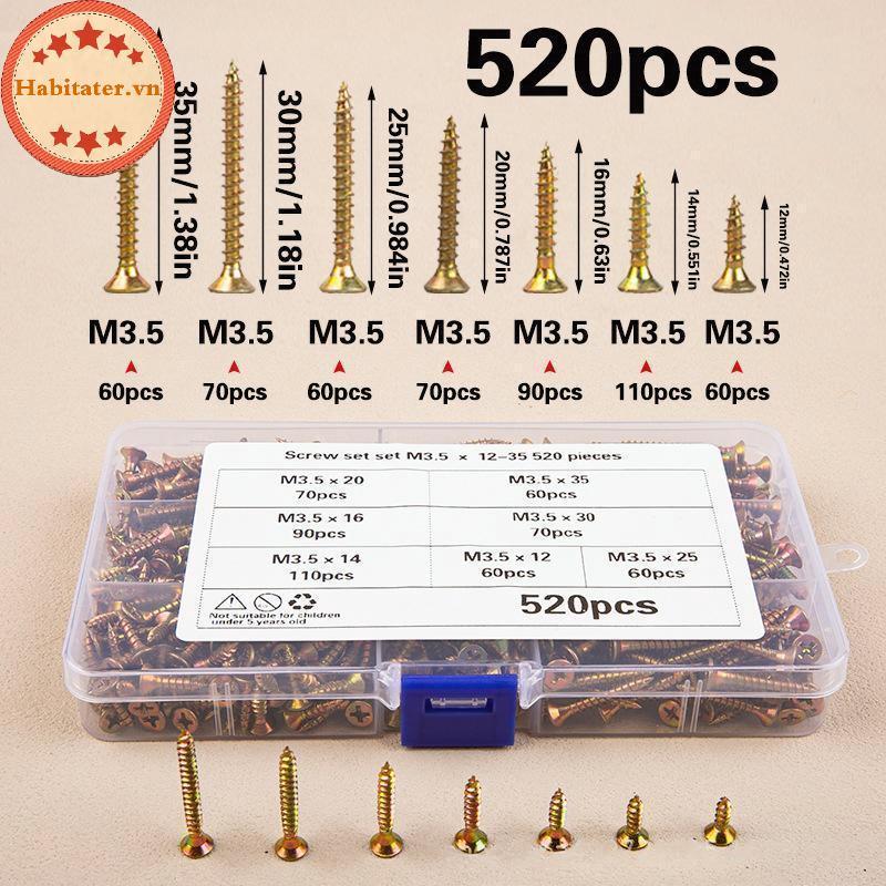TATER 520 Cái M3.5 Đầu chìm Bộ vít tự khai thác Bộ vít mạ kẽm màu cho chế biến gỗ Trang trí nhà cửa 